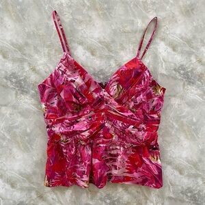 WHBM Floral Adjustable Strap Top With Optional Halter Tie & Ruched Detailing